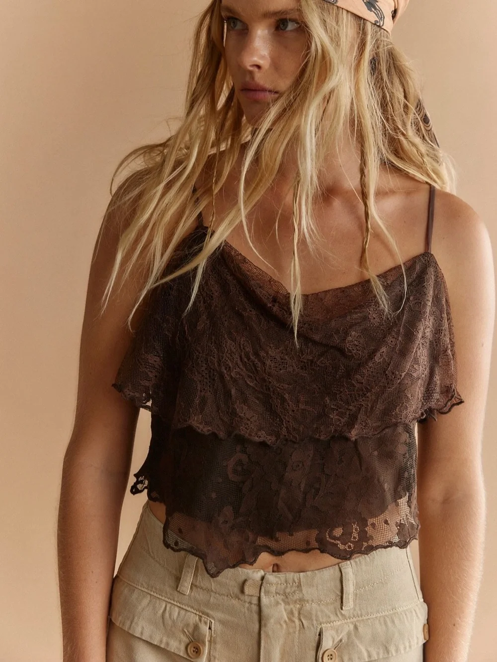 NWT Free People Rose Gold Lace Top in Double Espresso L